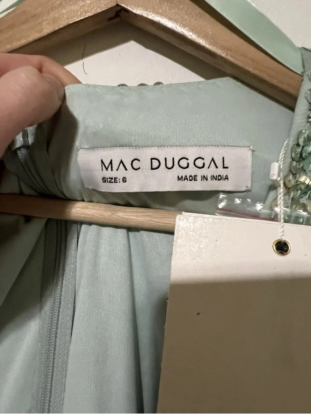 Mac Duggal Seafoam Green Sequin Embellished Faux Wrap Puff Sleeve Gown